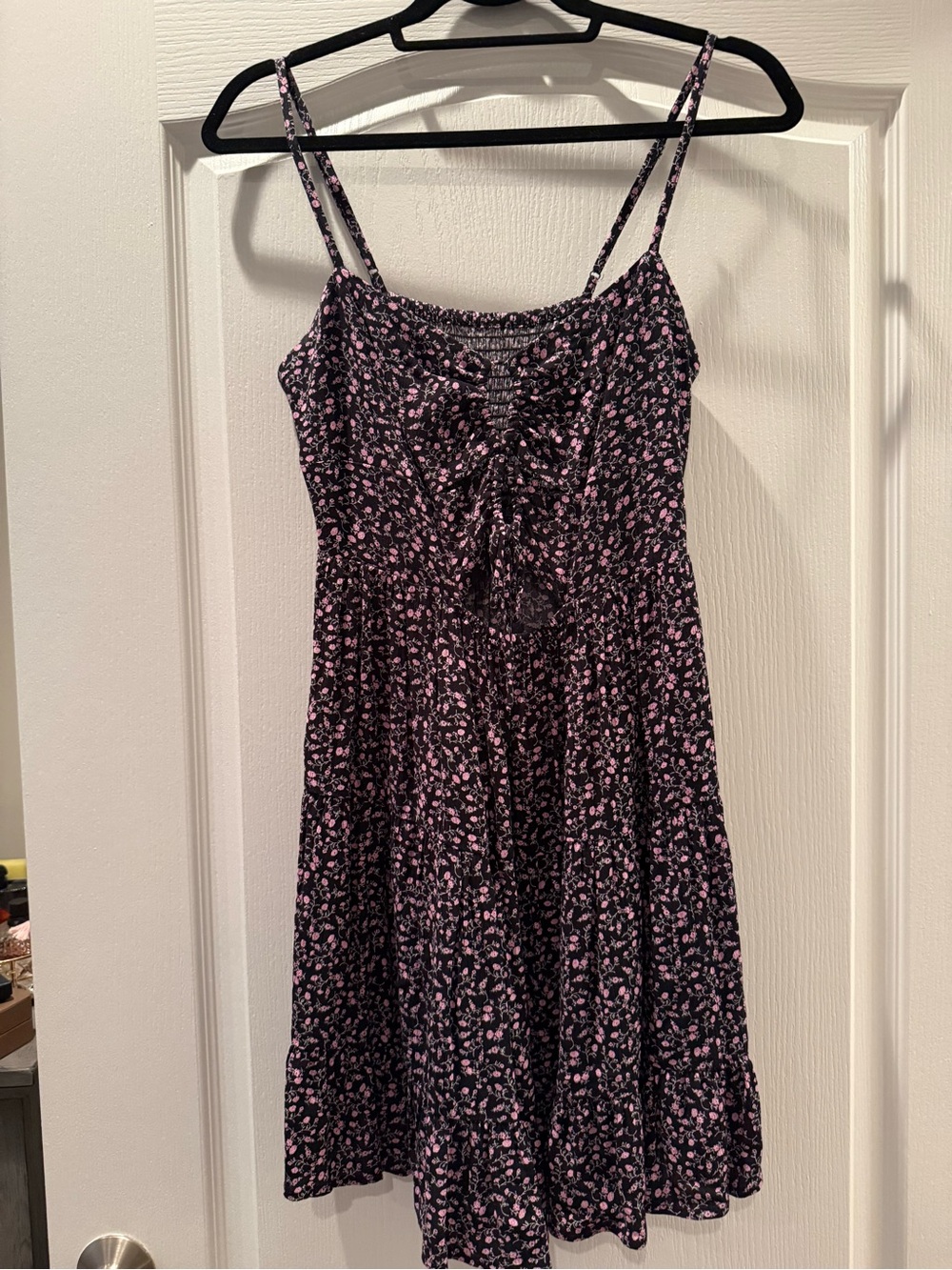 Black Floral Spaghetti Strap Sundress with Pink Blossoms